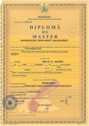 Diplomă de master – Psihologie clinică și intervenție psihologică, Universitatea Spiru Haret
