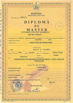 Diplomă de master – Psihanaliză, Universitatea Titu Maiorescu