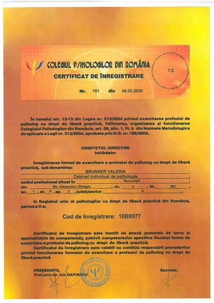 Certificat de înregistrare – Cabinet individual de psihologie, Colegiul Psihologilor din România